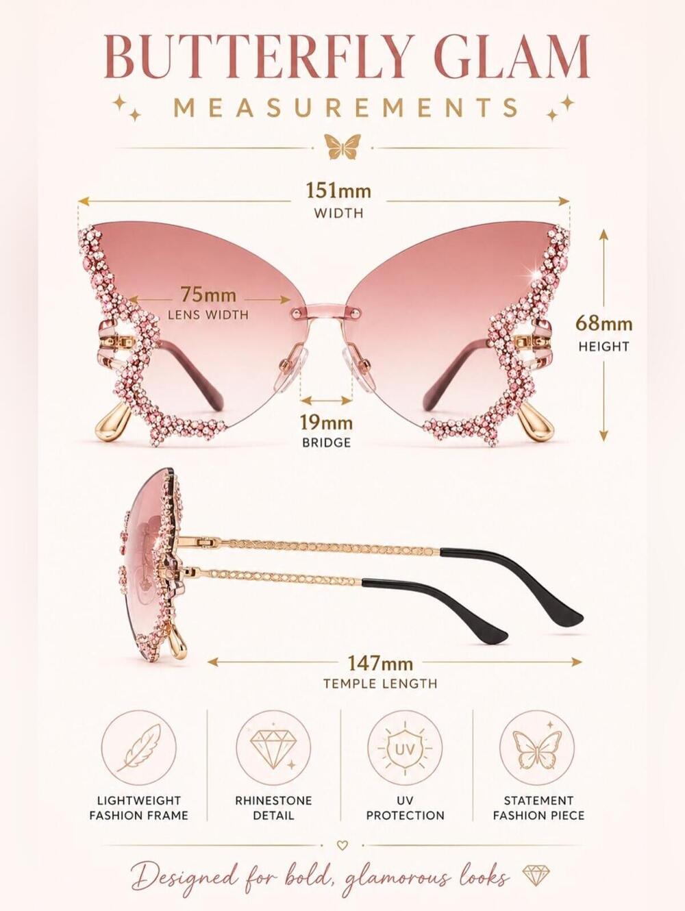 Sanrio rose Ombre Butterfly Rhinestone Sunglasses - Picture 2 of 7